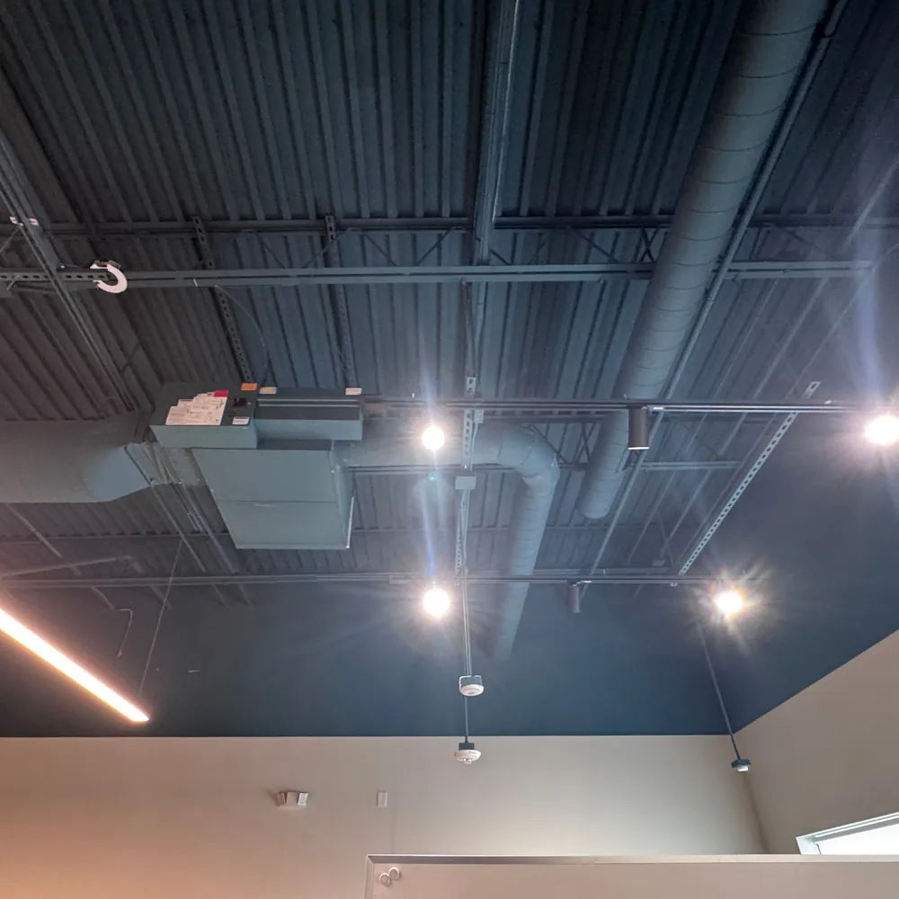 Track and linear lighting on an open office ceiling