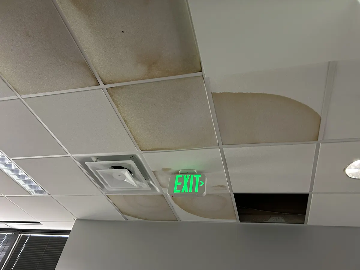 Water-stained and missing ceiling tiles replaced after a roof leak, before
