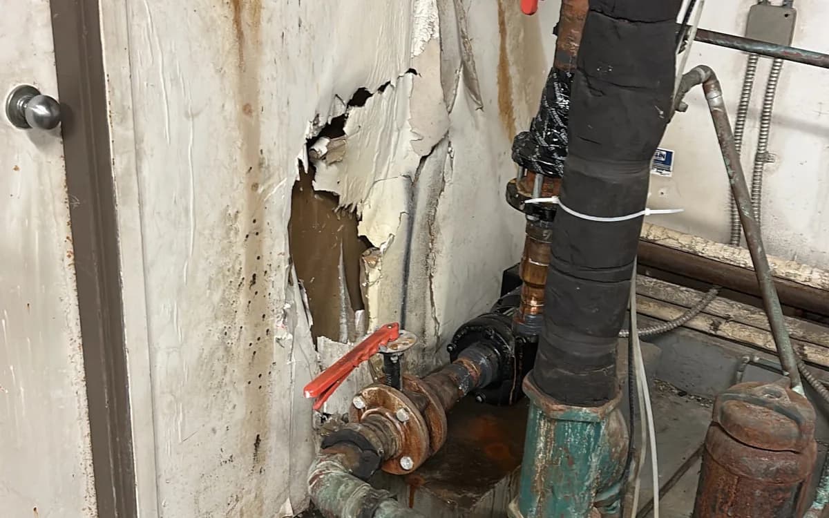Torn, water-stained wallboard beside corroded piping and valves in a mechanical room
